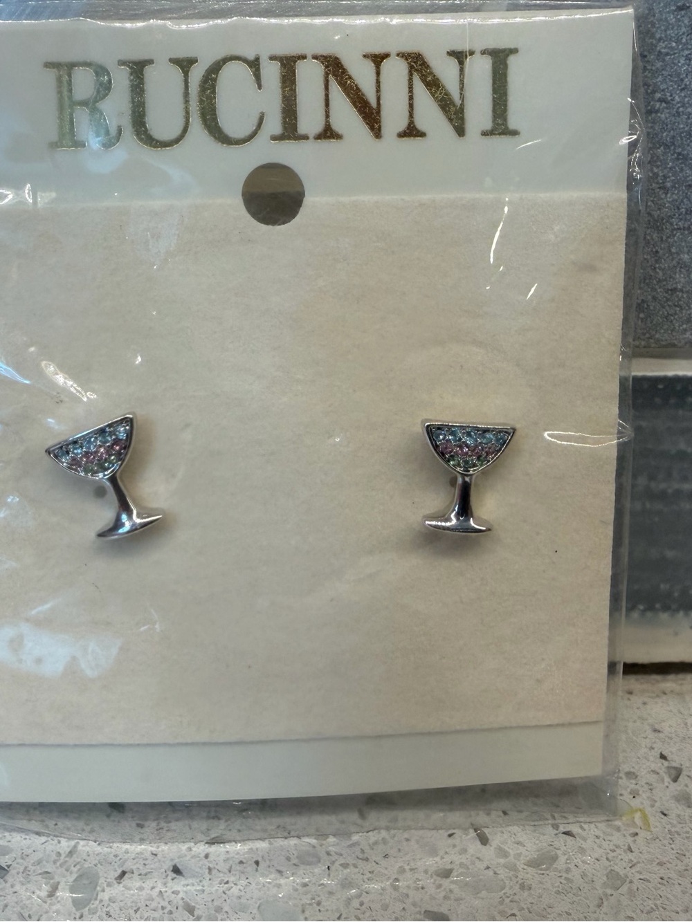 Vintage Rucinni Champagne Glass Earrings Pink Blue Rhinestones. Y2K Kitschy